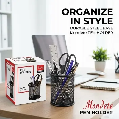 Picture of Mondete Black Steel Pen Desk Holder - Metal Mesh Stationery Organizer with Anti-Slip Rubber Feet for Office & Home