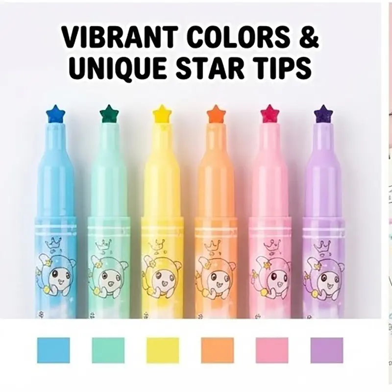 Picture of KLS-602 Star Tip Highlighters (Set of 6) - 4-in-1 Multi-Function Pastel Markers with Glitter Cap