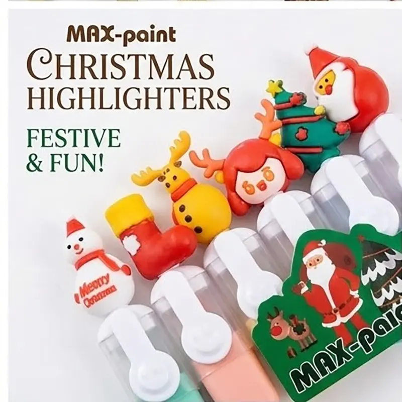 Picture of Christmas Theme Mini Highlighters (Set of 6) - Santa & Snowman Topper Marker Pens in Zipper Pouch for Kids Gift