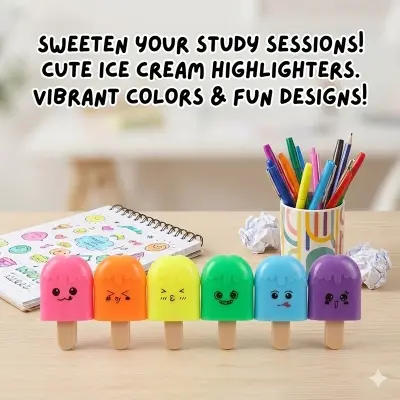 Picture of Ice Cream Popsicle Highlighters (Set of 6) - Cute Mini Marker Pens with Chisel Tip for School & Return Gifts