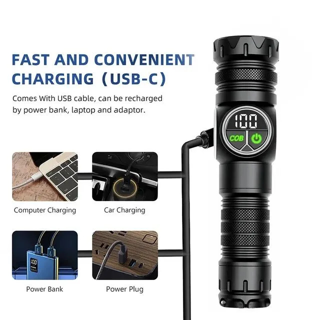 Picture of RUILANG RL-S2305 USB Rechargeable LED Flashlight Alloy Torch with Screen Digital Display Tail Magnet COB Side Light Long Distance Flashlight