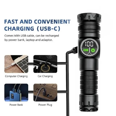 Picture of RUILANG RL-S2305 USB Rechargeable LED Flashlight Alloy Torch with Screen Digital Display Tail Magnet COB Side Light Long Distance Flashlight