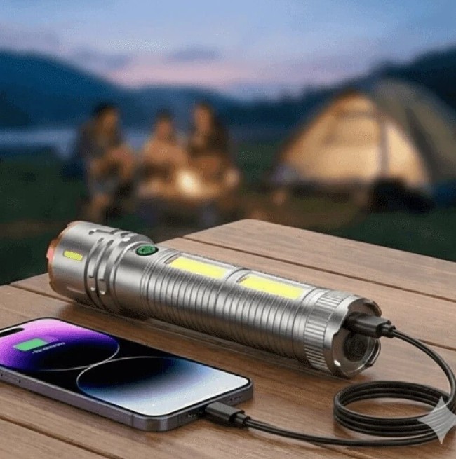 Picture of X03 Rechargeable Aluminum Alloy Body Zooming Torch Light Flashlights with COB Light Digital Display Type-C Port - Grey