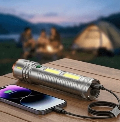 Picture of X03 Rechargeable Aluminum Alloy Body Zooming Torch Light Flashlights with COB Light Digital Display Type-C Port - Grey