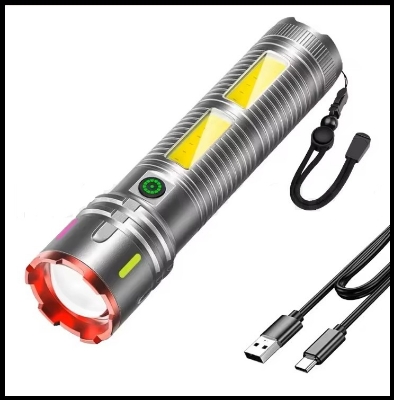Picture of X03 Rechargeable Aluminum Alloy Body Zooming Torch Light Flashlights with COB Light Digital Display Type-C Port - Grey