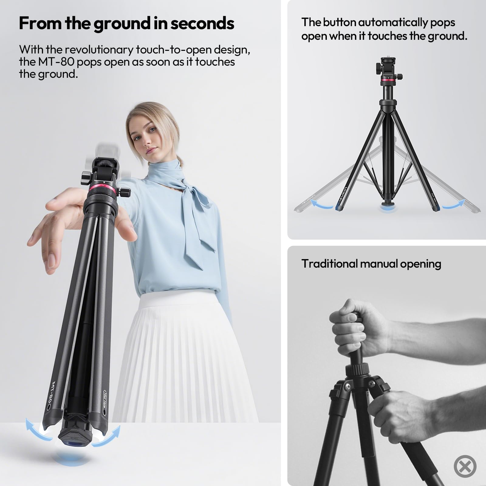 Picture of ULANZI MT-80 Aluminum Tripod Stand 7 Feet Extendable Camera Phone Tripod for Travel Auto Pop-Up 1/4" Screw, 360 Ball Head Portable Photo Video Light Stand for DSLR Camera, Ring Light, Video Rig