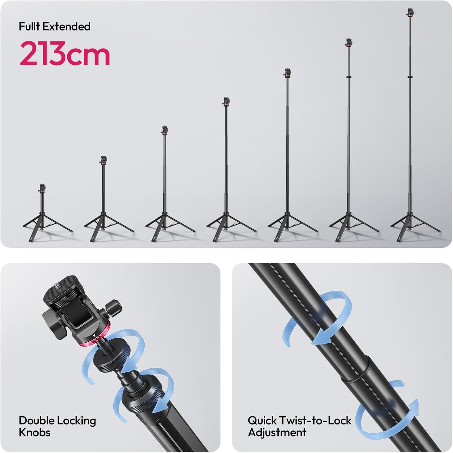 Picture of ULANZI MT-80 Aluminum Tripod Stand 7 Feet Extendable Camera Phone Tripod for Travel Auto Pop-Up 1/4" Screw, 360 Ball Head Portable Photo Video Light Stand for DSLR Camera, Ring Light, Video Rig