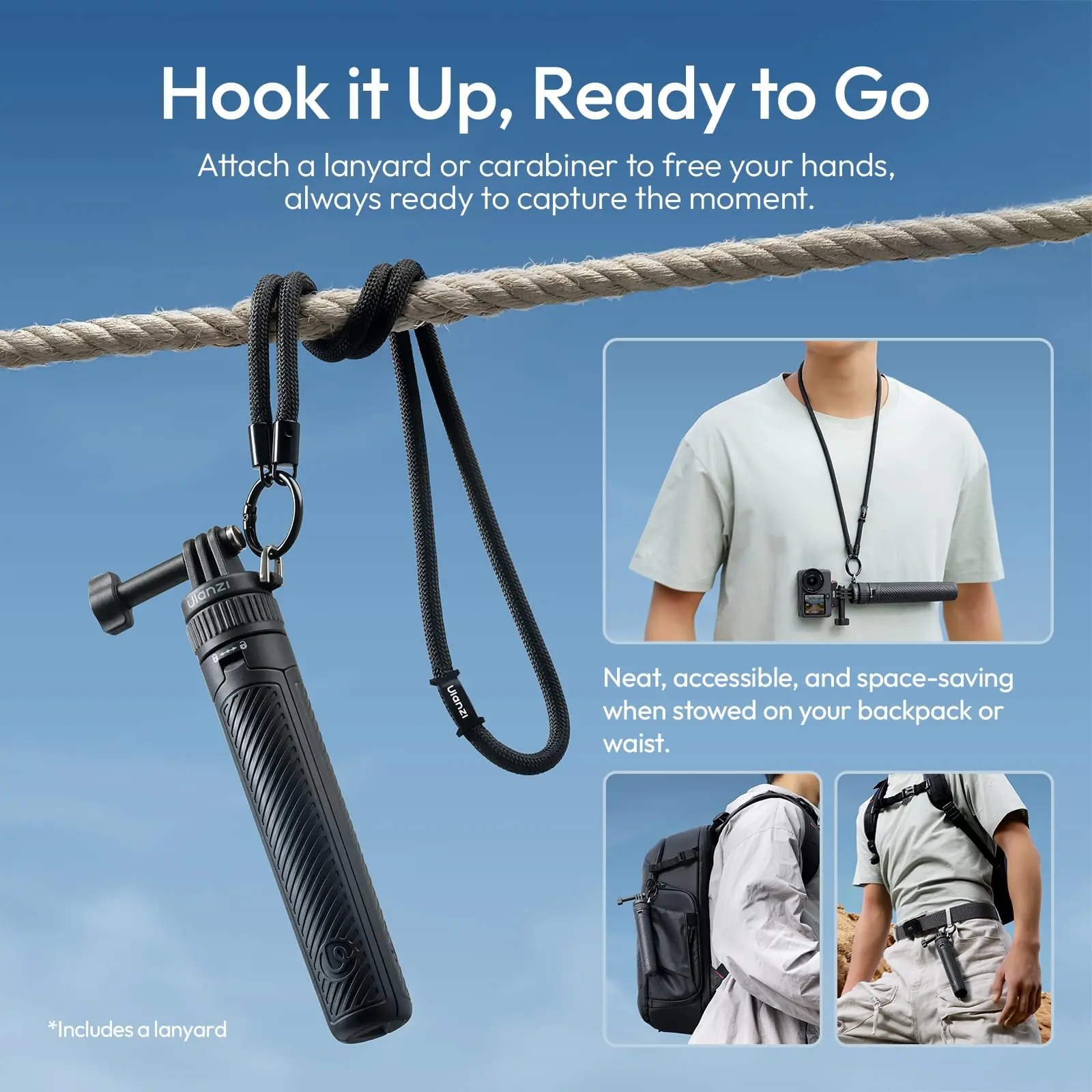 Picture of ULANZI MT92 Action Camera Selfie Stick Tripod 23.62" Portable Adjustable Vlog Handle Grip with Neck Lanyard for GoPro Hero 13 12 11 10 9 8 7 6, AKASO, DJI Osmo Action 6 5 Pro 4 3, Insta360 Mini Tripods