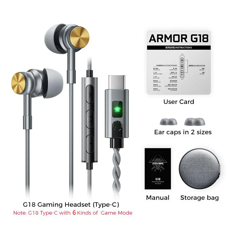 Picture of Plextone G18 Type-C Armor Gaming Earphone Headset In-ear Earbud Game Mode Microphone USB C Earphone