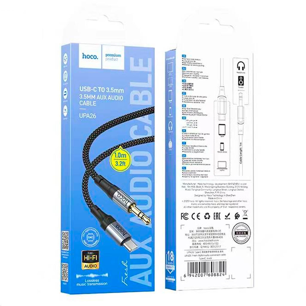 Picture of HOCO Aux Audio Cable 3.5mm to 3.5mm or Type C to 3.5mm or iP To 3.5mm Braid Cable Male to Male Jack Headphones USB C Adapter For iPad Phones Laptop Tablets Car Audio Music Cables