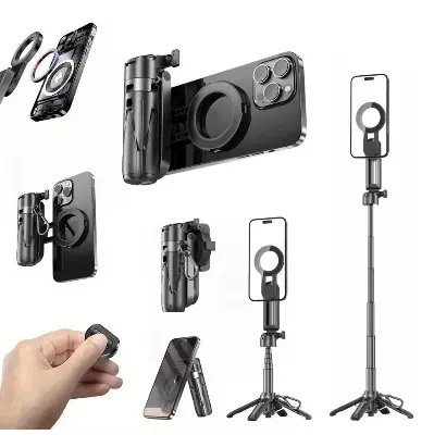 Picture of P15 MINI Magnetic Retractable Selfie Stick Tripod with Detachable Remote Size,3-in-1 Mini Phone Grip 2 Cold Shoe 10M or 393.7'' Wireless Shutter P15 Magnetic Selfie Stick Black