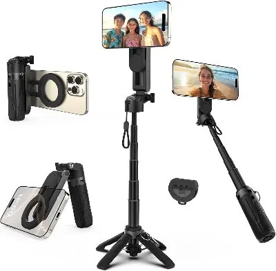 Picture of P15 MINI Magnetic Retractable Selfie Stick Tripod with Detachable Remote Size,3-in-1 Mini Phone Grip 2 Cold Shoe 10M or 393.7'' Wireless Shutter P15 Magnetic Selfie Stick Black