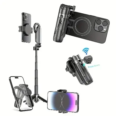 Picture of P15 MINI Magnetic Retractable Selfie Stick Tripod with Detachable Remote Size,3-in-1 Mini Phone Grip 2 Cold Shoe 10M or 393.7'' Wireless Shutter P15 Magnetic Selfie Stick Black