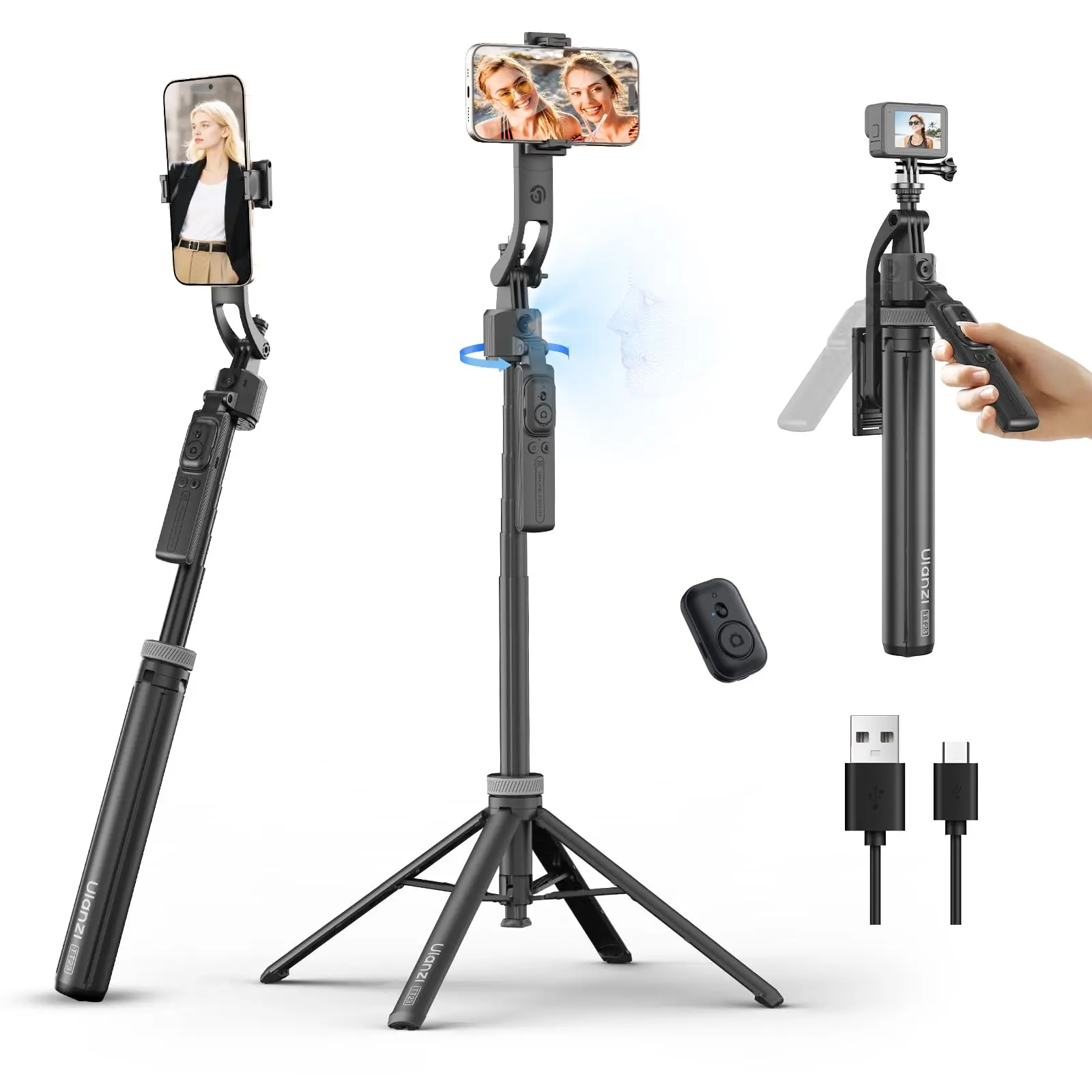 Picture of Ulanzi TT23 Auto Face Tracking Tripod for Smartphones, 165cm Cell Phone Selfie Stick, 360° Rotation Tripod with Bluetooth Remote & Gesture Control, Selfie Stick for iPhone/Action Camera