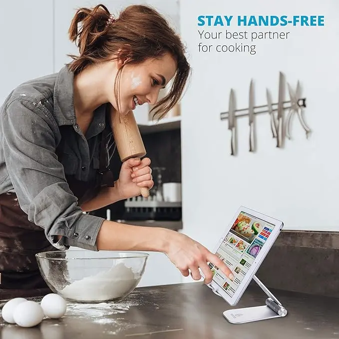 Picture of Phone Stand For desk, Mobile Stand and Phone Holder Compatible with iPhone 12, iPad, Samsung Note 20, Tablets 7-10", Adjustable Tablet Stand - Silver