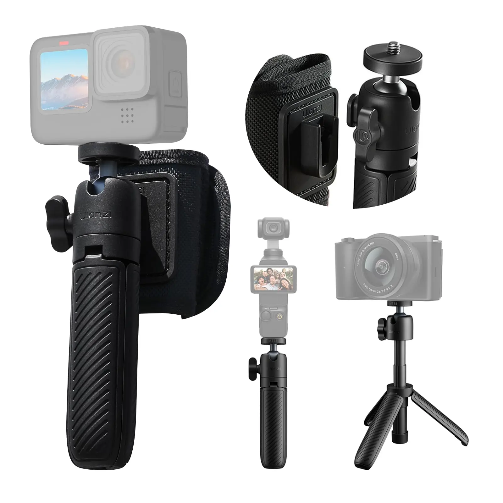 Picture of ULANZI MT88 Small Camera Tripod, Mini 3-in-1 Selfie Stick w Backpack Mount Shoulder Strap, 3-Sect Adjustable Tabletop Tripod Holder, Handheld Travel Pole for Action Camera, DJI Pocket3, Insta 360 X5