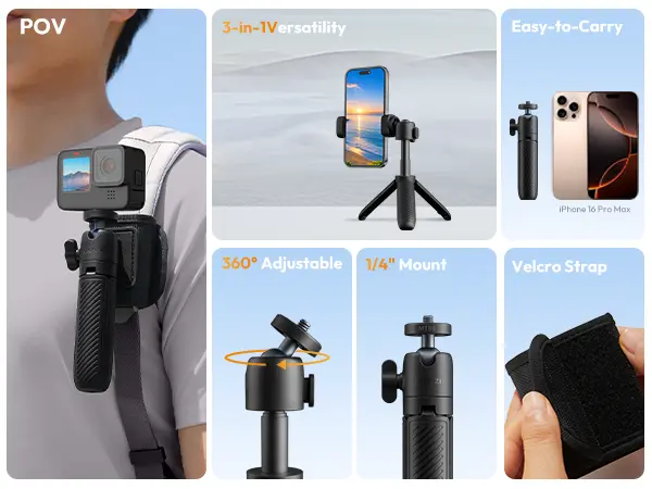 Picture of ULANZI MT88 Small Camera Tripod, Mini 3-in-1 Selfie Stick w Backpack Mount Shoulder Strap, 3-Sect Adjustable Tabletop Tripod Holder, Handheld Travel Pole for Action Camera, DJI Pocket3, Insta 360 X5