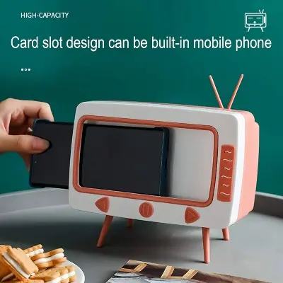 Picture of Lovely Creative Classic TV Tissue Box Holder with Phone Holder, Retro TV Shape  Phone Stand, Creative Retro TV Shaped Tissue Dispenser Box Holder, 2-in-1 Multifunctional Napkin Organizer for Bathroom Kitchen Bedroom Office