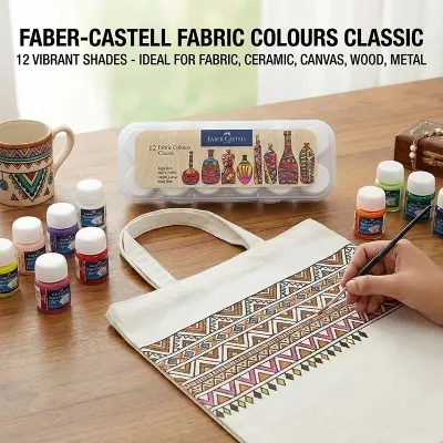 Picture of Faber-Castell Fabric Colours Set (12 Shades x 10ml) - Permanent & Wash-Proof Textile Paint for DIY Clothes & Art