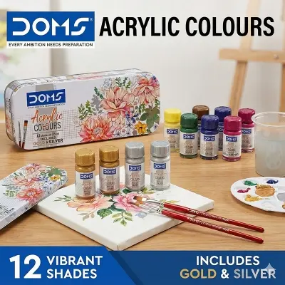 Picture of DOMS Acrylic Colours Set (12 Shades x 15ml) - Includes Gold & Silver Colors + 2 Free Brushes - Multi-Surface Paint Kit