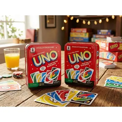 Picture of UNO Luxury Edition Card Game in Steel Box - Waterproof Plastic PVC Cards for Kids & Adults (Family Fun Toy), Premium UNO Tin Box Edition - Washable Playing Cards