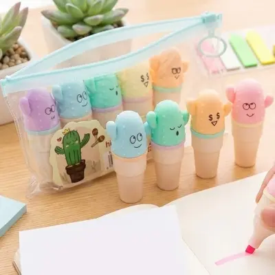 Picture of XYUEH Cactus Mini Highlighters (Set of 6) - Model XYH-3175 - Cute Capsule Marker Pens for School & Journaling