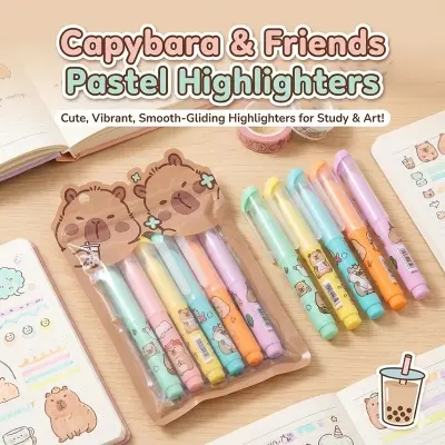 Picture of Mini Bear Highlighters (Set of 6) - Cute Capsule Shaped Marker Pens with Bubble Tea Theme for School & Journaling