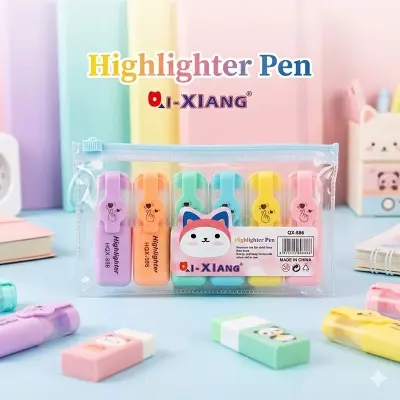 Picture of QI-XIANG Mini Highlighters (Model QX-886) - Set of 6 Cute Cat Paw & Emoji Face Marker Pens for School