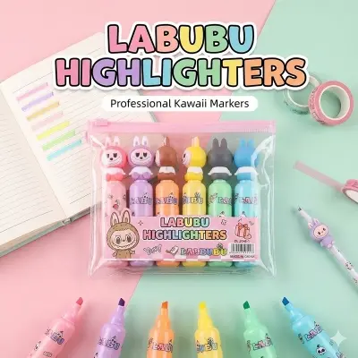 Picture of Labubu Cartoon Highlighters (Set of 6) - Cute Bottle Shaped Pastel Marker Pens for Kawaii Stationery Lovers