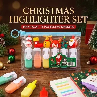 Picture of Christmas Theme Mini Highlighters (Set of 6) - Santa & Snowman Topper Marker Pens in Zipper Pouch for Kids Gift