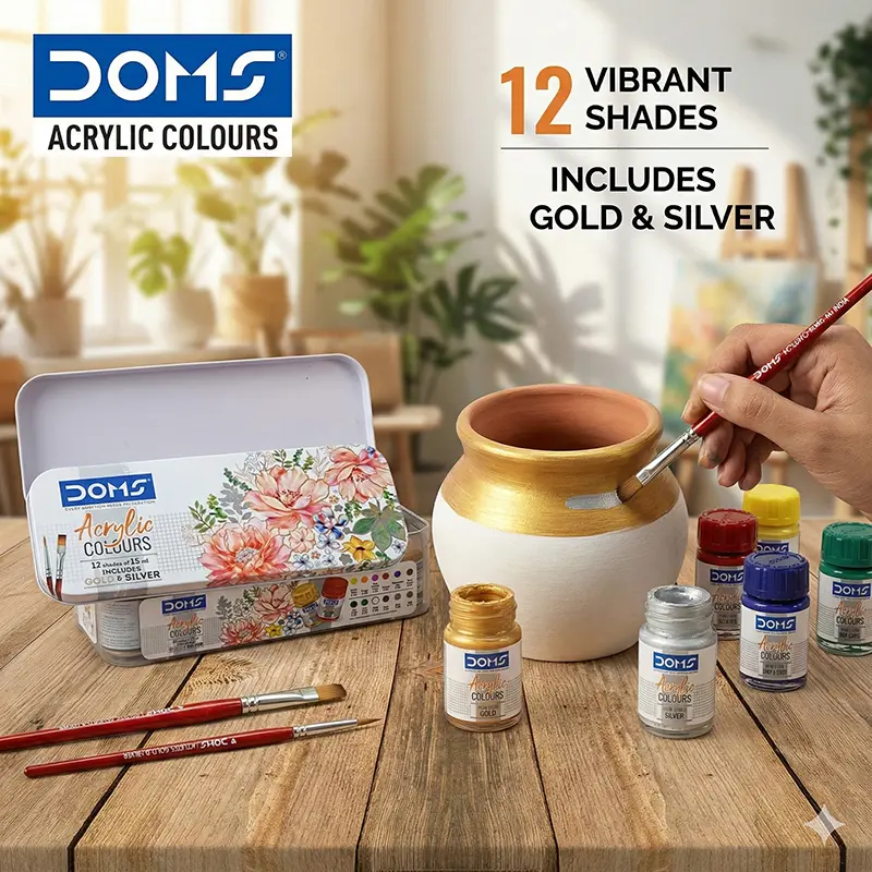 Picture of DOMS Acrylic Colours Set (12 Shades x 15ml) - Includes Gold & Silver Colors + 2 Free Brushes - Multi-Surface Paint Kit