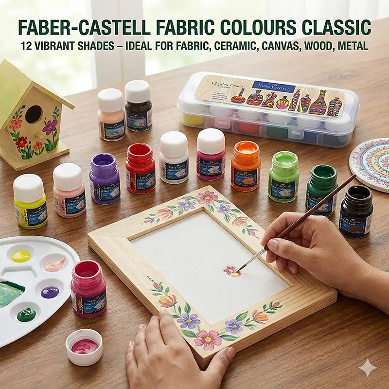 Picture of Faber-Castell Fabric Colours Set (12 Shades x 10ml) - Permanent & Wash-Proof Textile Paint for DIY Clothes & Art
