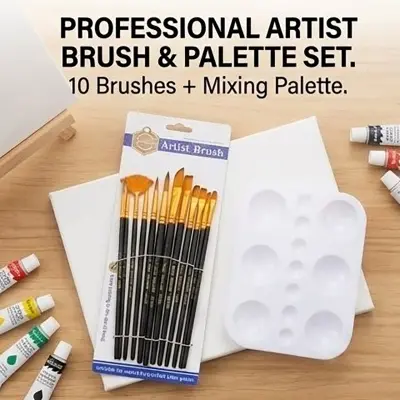 Picture of Keep Smiling 12 Pcs Artist Paint Brush Set with Mixing Palette - Nylon Hair Wooden Handle Kit Keep Smiling 12 Brushes + Palette Combo   Complete Painting Set - 12 Brushes & Palette for Acrylic/Oil/Water