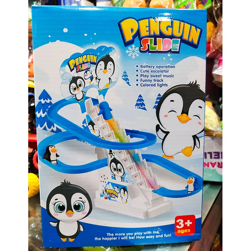 Picture of Penguin Race Set with Flashing Lights & Music On/Off Button for Quiet Play, Jolly Penguin Slide PlaysetChildren's Puzzle Toy Rail Slide Penguin Climbing Stairs Toy