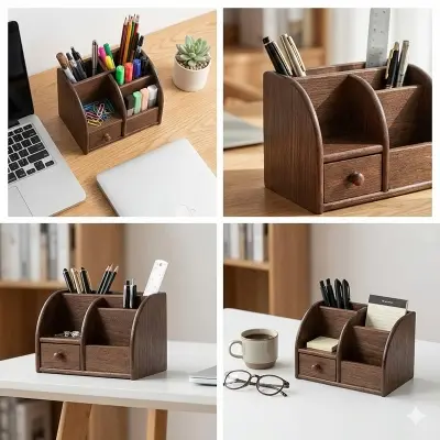 Picture of Xinda Wooden Desk Organizer & Pen Holder - Multifunctional MDF Office Stationery Stand for Mobile & Cards (BIG SIZE)