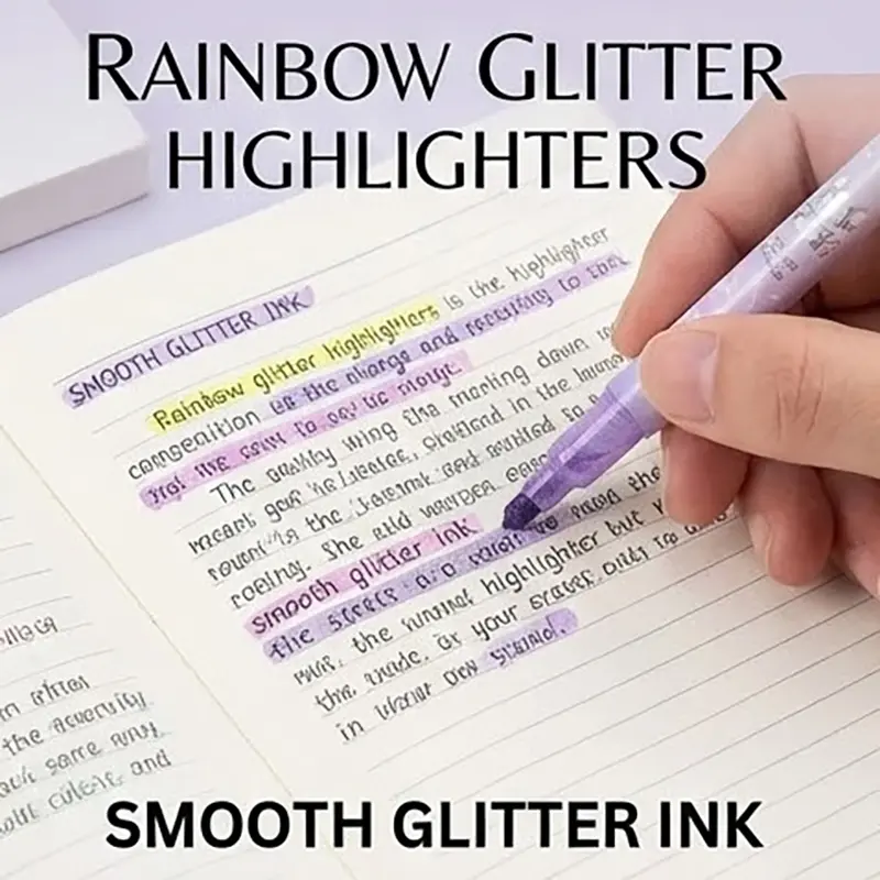 Picture of Rainbow Glitter Erasable Highlighters (Model NO. 985) - Set of 6 Shimmering Marker Pens with Eraser Tip,Sparkling Erasable Markers - Rainbow & Music Theme Stationery