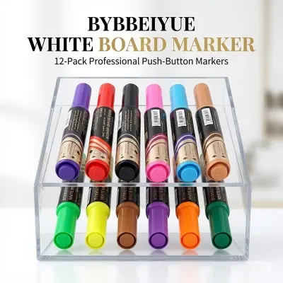 Picture of Whiteboard Markers (Set of 12) - Liquid Ink Chisel Tip Dry Erase Pens,Long Lasting Liquid Ink Markers - Push Button Whiteboard Pens BYBBEIYUE Push Button 12 color