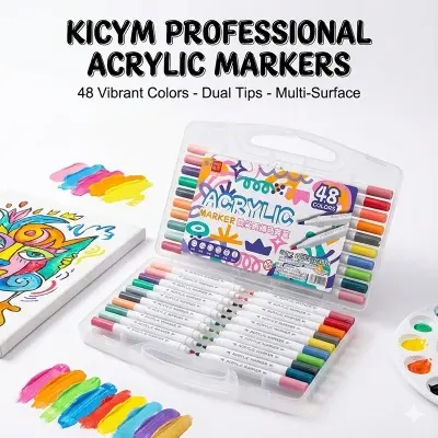 Picture of Kicyn 48 Colors Acrylic Marker Set (NO. 808) - Soft Tip Water-Based Paint Pens for Rock, Wood, Glass & DIY,Premium 48pc Acrylic Paint Pens - Multi-Surface Markers for Artists(12/24/36/48)