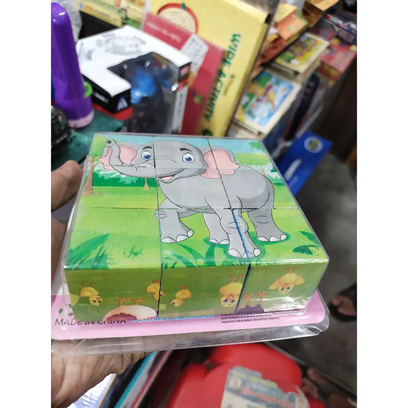 Picture of 6-in-1 Wooden 3D Cube Puzzle - 9 Piece Block Jigsaw Toy for Kids - Montessori Animal/Transport Cartoon Puzzle