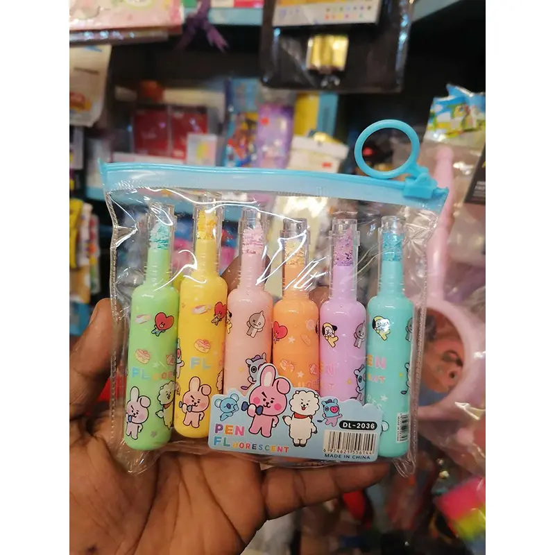 Picture of Mini Bottle Highlighters (Set of 6) - Cute Milk Bottle Shaped Marker Pens with Zipper Pouch (Kuromi Theme)