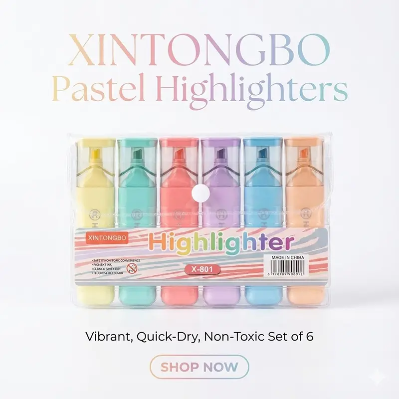 Picture of Xintongbo Mini Highlighters (Model X-801) - Set of 6 Fluorescent Capsule Marker Pens - Non-Toxic & Quick Dry