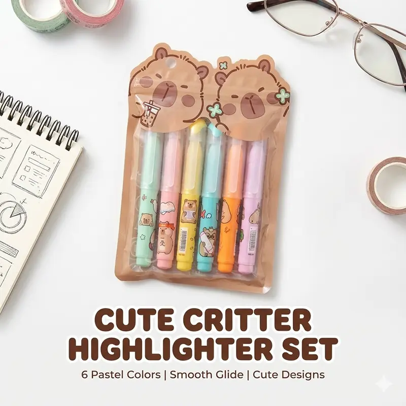 Picture of Mini Bear Highlighters (Set of 6) - Cute Capsule Shaped Marker Pens with Bubble Tea Theme for School & Journaling
