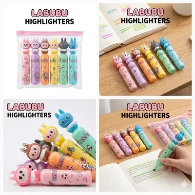 Picture of Labubu Cartoon Highlighters (Set of 6) - Cute Bottle Shaped Pastel Marker Pens for Kawaii Stationery Lovers