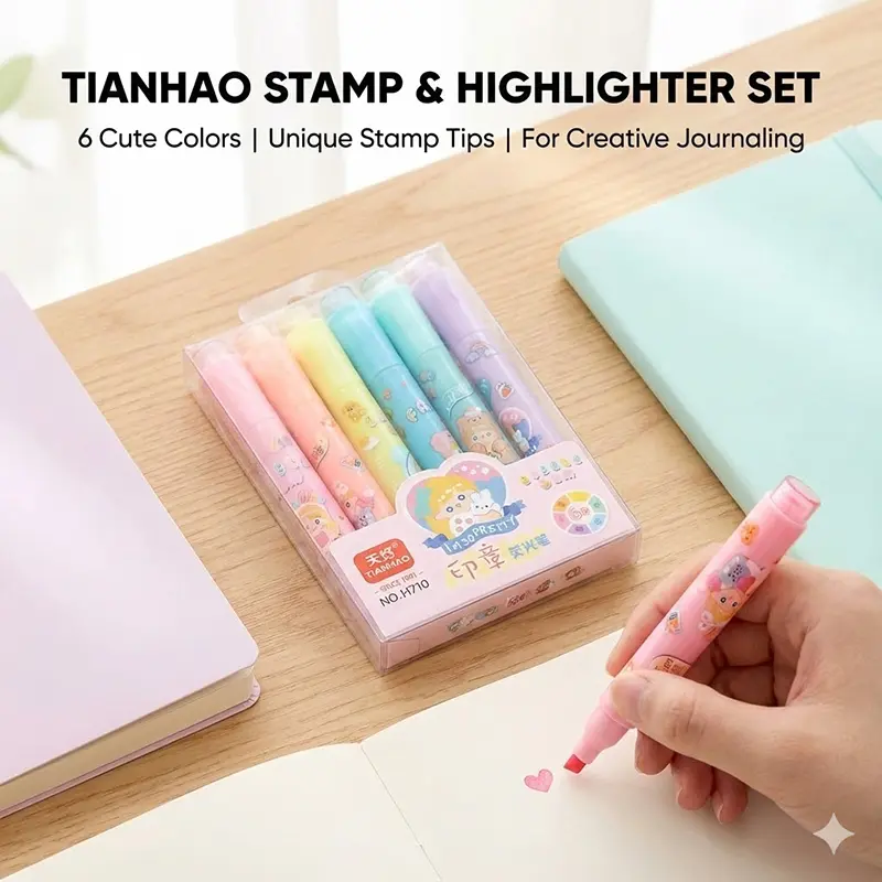 Picture of Tianhao Dual-Tip Stamp Highlighters (Model H710) - Set of 6 Pastel Marker Pens with Cute Seals - 'I'm So Pretty' Series