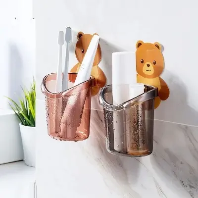 Picture of Bear Storage Cup Holder Wall Mount Toothbrush Storage Rack Stand Child Home Bathroom Accessories Grey