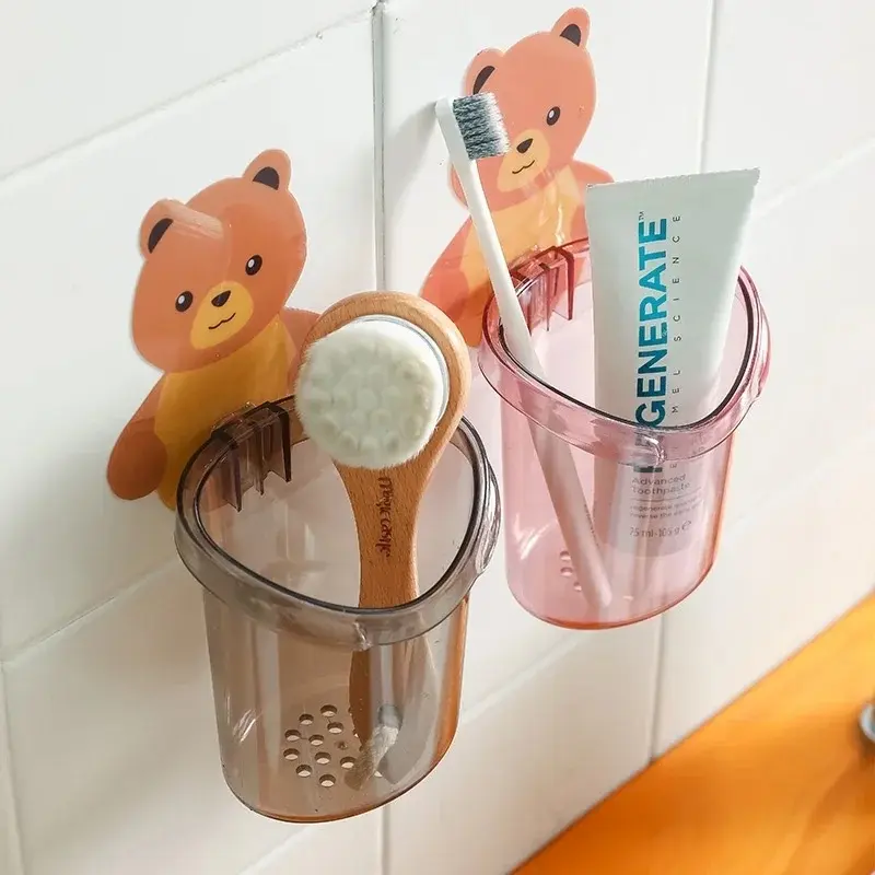 Picture of Bear Storage Cup Holder Wall Mount Toothbrush Storage Rack Stand Child Home Bathroom Accessories Grey