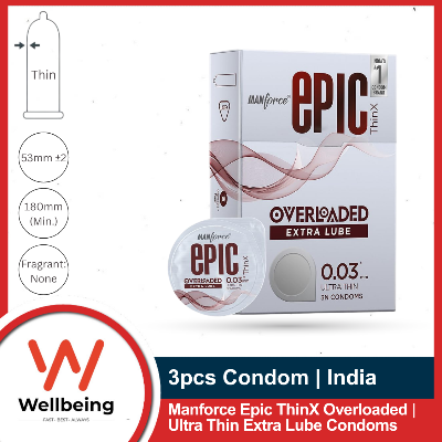 Picture of Manforce Epic ThinX Overloaded Condom for Men 3pcs Pack | 0.03mm Ultra Thin Extra Lube Condoms with Easy Peel Pack | India(Clear)