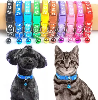 Picture of Pet Collar With Bell Cartoon Footprint Colorful Dog Puppy Cat Accessories Kitten Collar Adjustable Safety Bell Ring Necklac