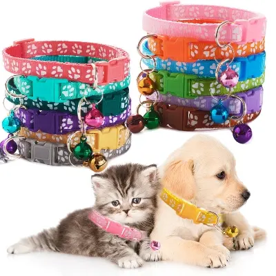 Picture of Pet Collar With Bell Cartoon Footprint Colorful Dog Puppy Cat Accessories Kitten Collar Adjustable Safety Bell Ring Necklac