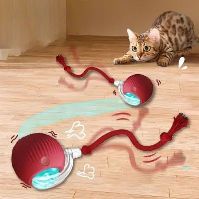 Picture of New Cat Interactive Ball Toy Automatic Rolling Ball Faux Tail Rechargeable Smart Pet Electric Toy Dog Cat Training Imitate Mouse Red